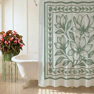 Block Print Shower Curtain Boho Floral Bathroom Decor Neutral Green Shower Curtain Sage Green Modern Farmhouse Gift Magnolia Print image 4