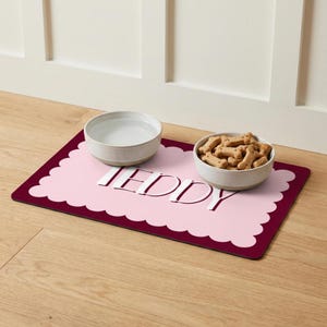 Custom pet placemat with personalized name printed in bold script, styled under food and water bowls beside a fluffy cat. This waterproof pet feeding mat is ideal for cat lovers and dog owners looking for a personalized pet bowl mat that adds functional and decorative charm to home spaces.