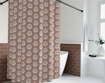 May include: A shower curtain featuring a repeating vertical pattern of stylized flowers in muted pink and white tones against a dusty rose background. The curtain hangs from a curved black rod and displays a consistent floral motif throughout.