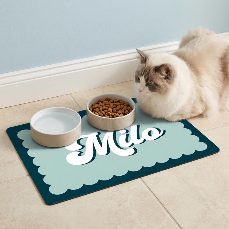 Custom name pet placemat displayed under cat bowls, featuring scalloped border detail and retro typography. This personalized pet bowl mat is perfect for modern pet decor, helping keep feeding areas tidy while adding a unique, custom touch for cat and dog owners.