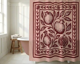 Block Print Shower Curtain Boho Floral Bathroom Decor Pomegranate Pink and Maroon Red Shower Curtain Extra Long Modern Farmhouse Gift Her