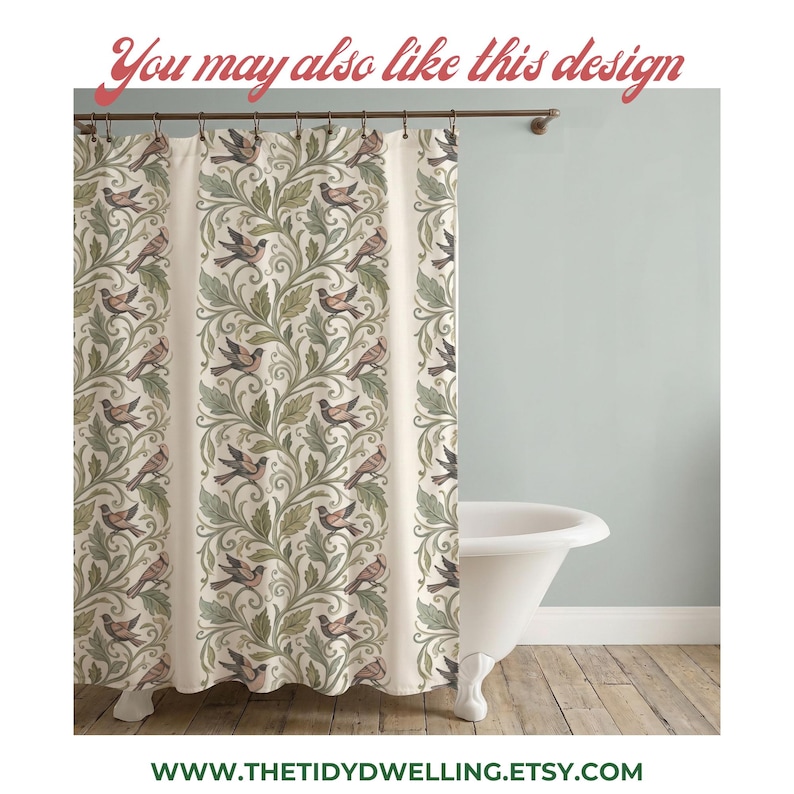May include: A shower curtain featuring a repeating pattern of birds perched among swirling green leaves and vines on a cream background. The curtain hangs from a dark metal rod and displays the text You may also like this design at the top.