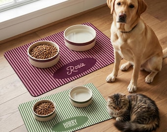Striped Pet Food Mat Personalized Dog Feed Station New Pet Owner Gifts Cat Lovers Customized Neutral Non Slip Pet Placemat Name Two Tone