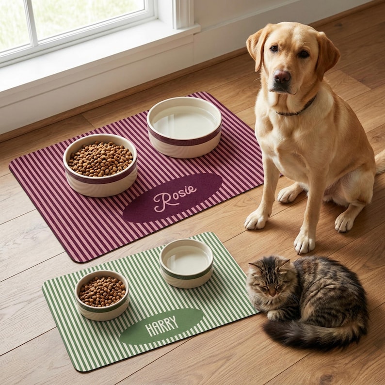 Personalized pet placemat with pink stripe design and custom name, non slip pet feeding mat perfect for cats and dogs, waterproof pet bowl mat for food and water bowls, ideal for protecting floors from spills and mess. Available in 7 colorways and 2 sizes, perfect for modern pet feeding station, cute pet decor, cat feeding mat, dog bowl mat, personalized pet gift.