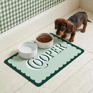 Personalized pet feeding mat with custom name lettering, designed to hold food and water bowls neatly in place. This non-slip pet placemat protects floors from spills while serving as a stylish personalized pet accessory for cats and dogs.