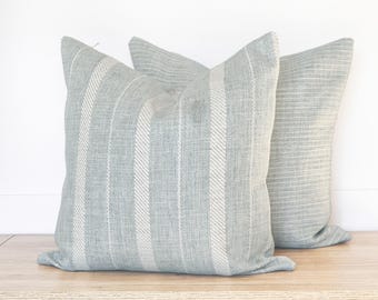 Pale Blue Striped Pillow Cover Linen Look Sofa Cushion Hamptons Style Decor Blue Neutral Striped Throw Pillow Coastal 20x20 Beach House Gift