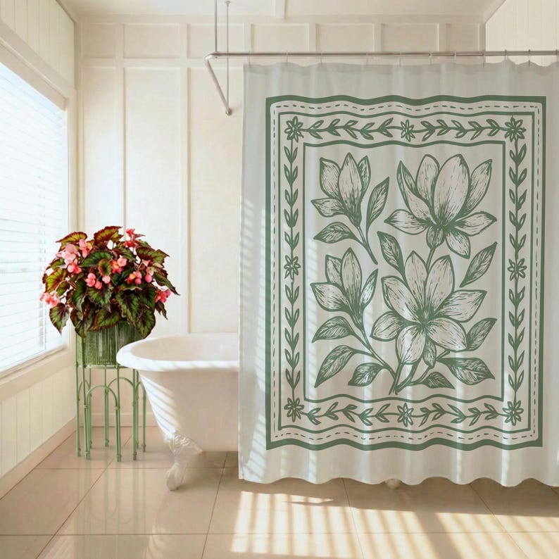 Block Print Shower Curtain Boho Floral Bathroom Decor Neutral Green Shower Curtain Sage Green Modern Farmhouse Gift Magnolia Print image 4