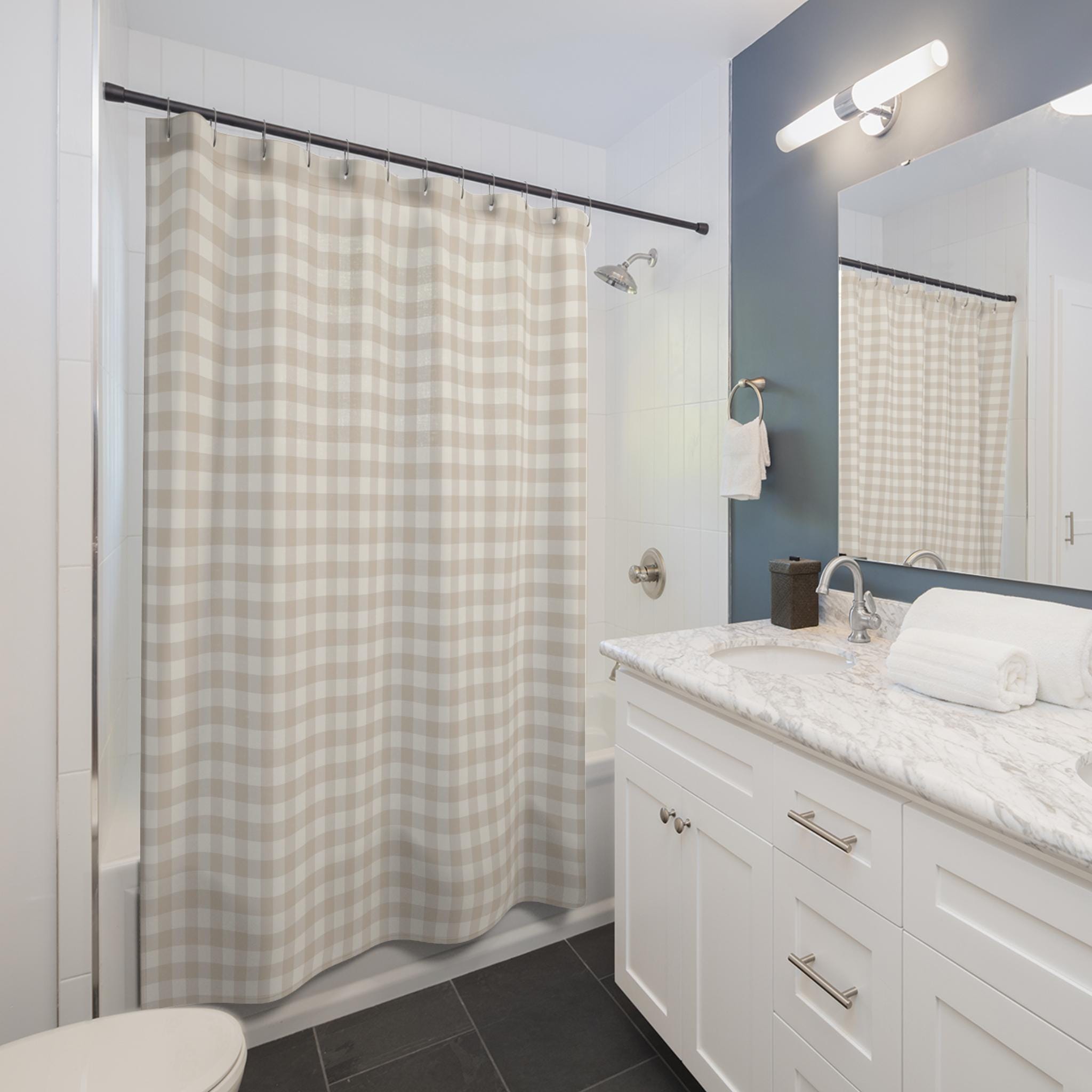 Beige Gingham Shower Curtain Neutral Bathroom Decor Modern Farmhouse