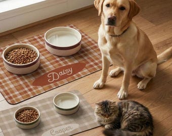 Personalized Dog Bowl Placemat Custom Pet Feeding Station Neutral Gingham Rug Thanksgiving  Plaid Cat Dining Mat Puppy Gift Fall Decor