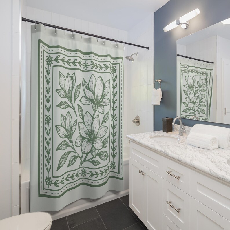 Block Print Shower Curtain Boho Floral Bathroom Decor Neutral Green Shower Curtain Sage Green Modern Farmhouse Gift Magnolia Print image 9