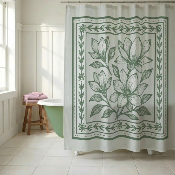 Block Print Shower Curtain Boho Floral Bathroom Decor Neutral Green Shower Curtain Sage Green Modern Farmhouse Gift Magnolia Print