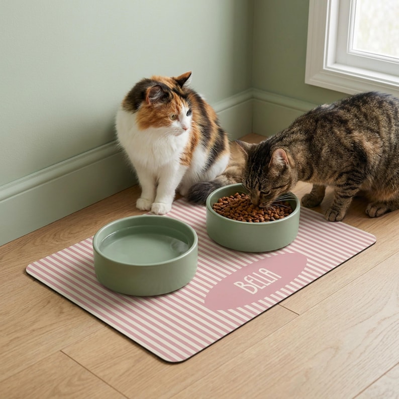 Custom pet placemat with name in soft pastel stripe design, non slip dog and cat feeding mat for food and water bowls, waterproof surface helps catch spills and crumbs while protecting floors. Available in 7 color options and 2 sizes, perfect for stylish pet feeding area, modern home decor, cat mat, dog bowl mat, personalized pet accessories.