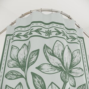 Block Print Shower Curtain Boho Floral Bathroom Decor Neutral Green Shower Curtain Sage Green Modern Farmhouse Gift Magnolia Print image 8
