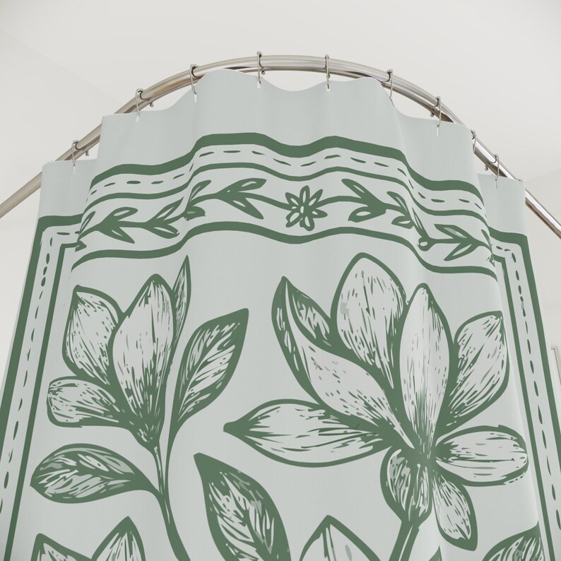 Block Print Shower Curtain Boho Floral Bathroom Decor Neutral Green Shower Curtain Sage Green Modern Farmhouse Gift Magnolia Print image 8