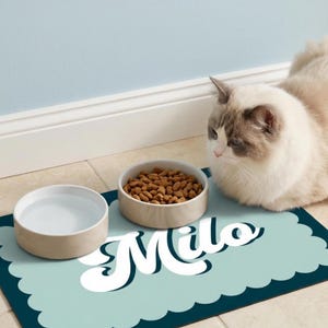Personalized pet placemat with custom name in retro script, perfect for stylish cat and dog feeding stations. This custom pet feeding mat protects floors from spills while adding modern pet decor charm to kitchens and laundry rooms. A thoughtful personalized gift for pet lovers, new pet parents, and housewarming ideas.