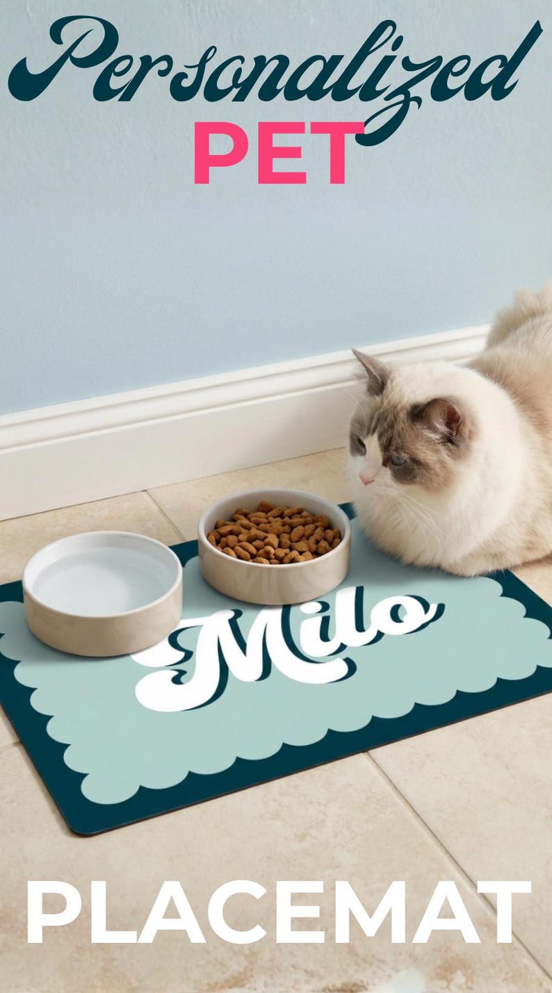 Personalized pet placemat with custom name in retro script, perfect for stylish cat and dog feeding stations. This custom pet feeding mat protects floors from spills while adding modern pet decor charm to kitchens and laundry rooms. A thoughtful personalized gift for pet lovers, new pet parents, and housewarming ideas.