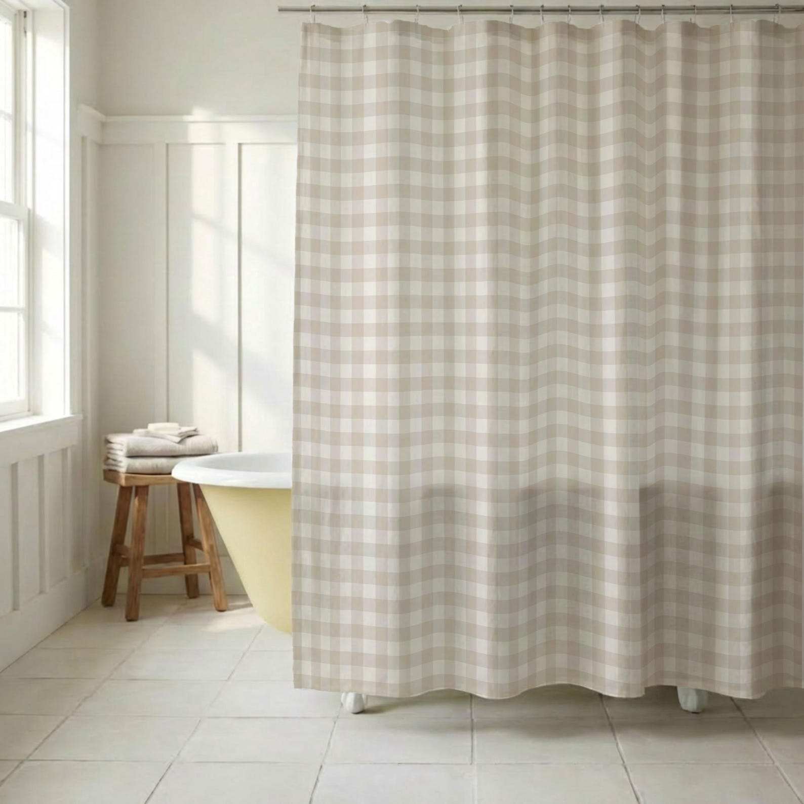 Beige Gingham Shower Curtain Neutral Bathroom Decor Modern Farmhouse Checkered White Tan Bathroom Curtain Cream - 70"x 74"