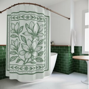 Block Print Shower Curtain Boho Floral Bathroom Decor Neutral Green Shower Curtain Sage Green Modern Farmhouse Gift Magnolia Print image 2