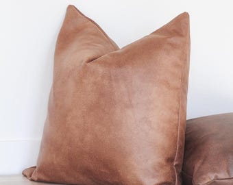 Faux Cognac Leather Pillow Tan 20x20 Sofa Cushion Cover Caramel Leather Nordic Decor Brown Lumber Leather Look Pillow Rustic Farmhouse Decor