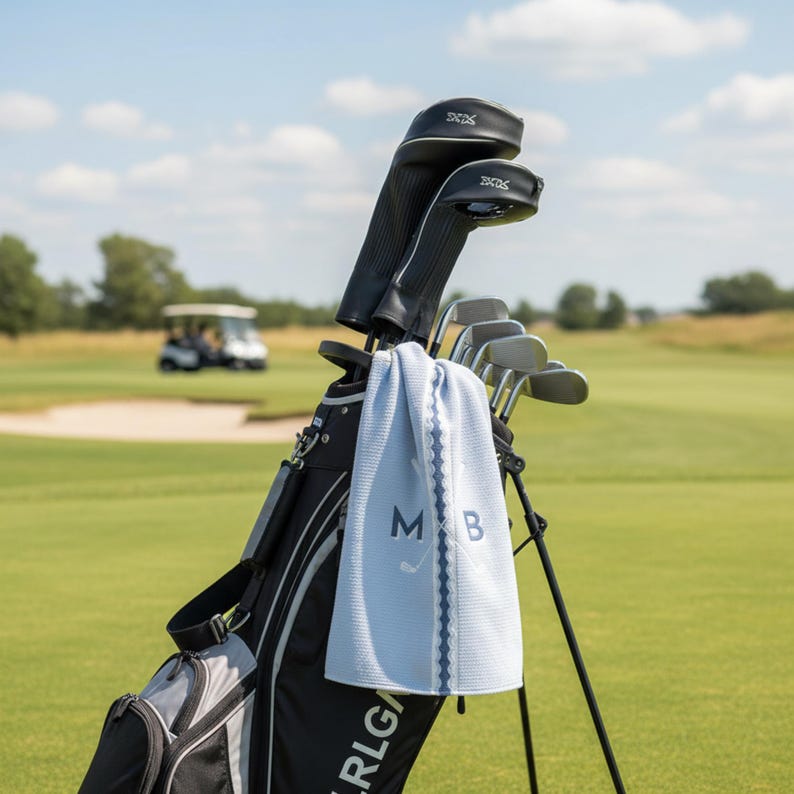 May include: A black golf bag containing several golf clubs with black headcovers. A light blue textured golf towel hangs from the bag, featuring a dark blue vertical stripe, the letters M and B, and a graphic of two crossed golf clubs in white.