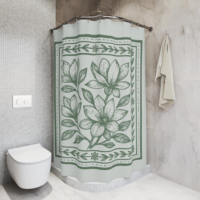 Block Print Shower Curtain Boho Floral Bathroom Decor Neutral Green Shower Curtain Sage Green Modern Farmhouse Gift Magnolia Print image 10