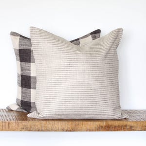 Beige and Black Striped Pillow Mid Century Modern Throw Cushion 18x18  Neutral Cream and Black Pinstripe Farmhouse Style Boys Bedroom Decor