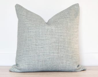 Pale Blue Pin Stripe Pillow Cover Linen Look Sofa Cushion Hamptons Style Blue Neutral Striped Throw Pillow Coastal 20x20 Beach House Gift