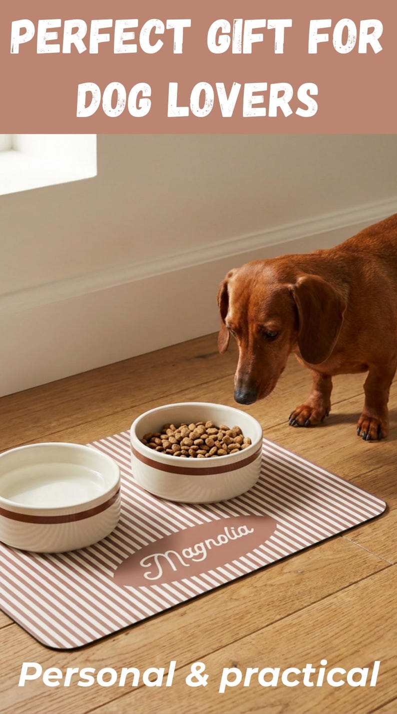 Looking for a personalized pet placemat for cats or dogs? This custom name feeding mat is perfect for keeping floors clean, organizing bowls and adding a stylish touch to your pet feeding area. Neutral pet decor. Customizable pet gifts for dogs and cats feeding stations.
