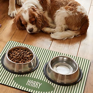 Personalized cat and dog feeding mat with custom name in pink striped design, non slip waterproof pet placemat ideal for messy eaters, food and water bowl placement and floor protection. Available in 7 colorways and 2 sizes, perfect for aesthetic pet feeding station, modern pet decor, custom pet gift, dog bowl mat, cat feeding mat.