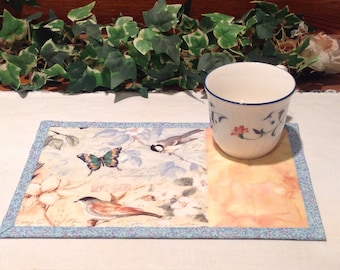 Quilted Mug Rug - Birds and Butterfly Snack Mat - Candle Mat Quiltsy Handmade