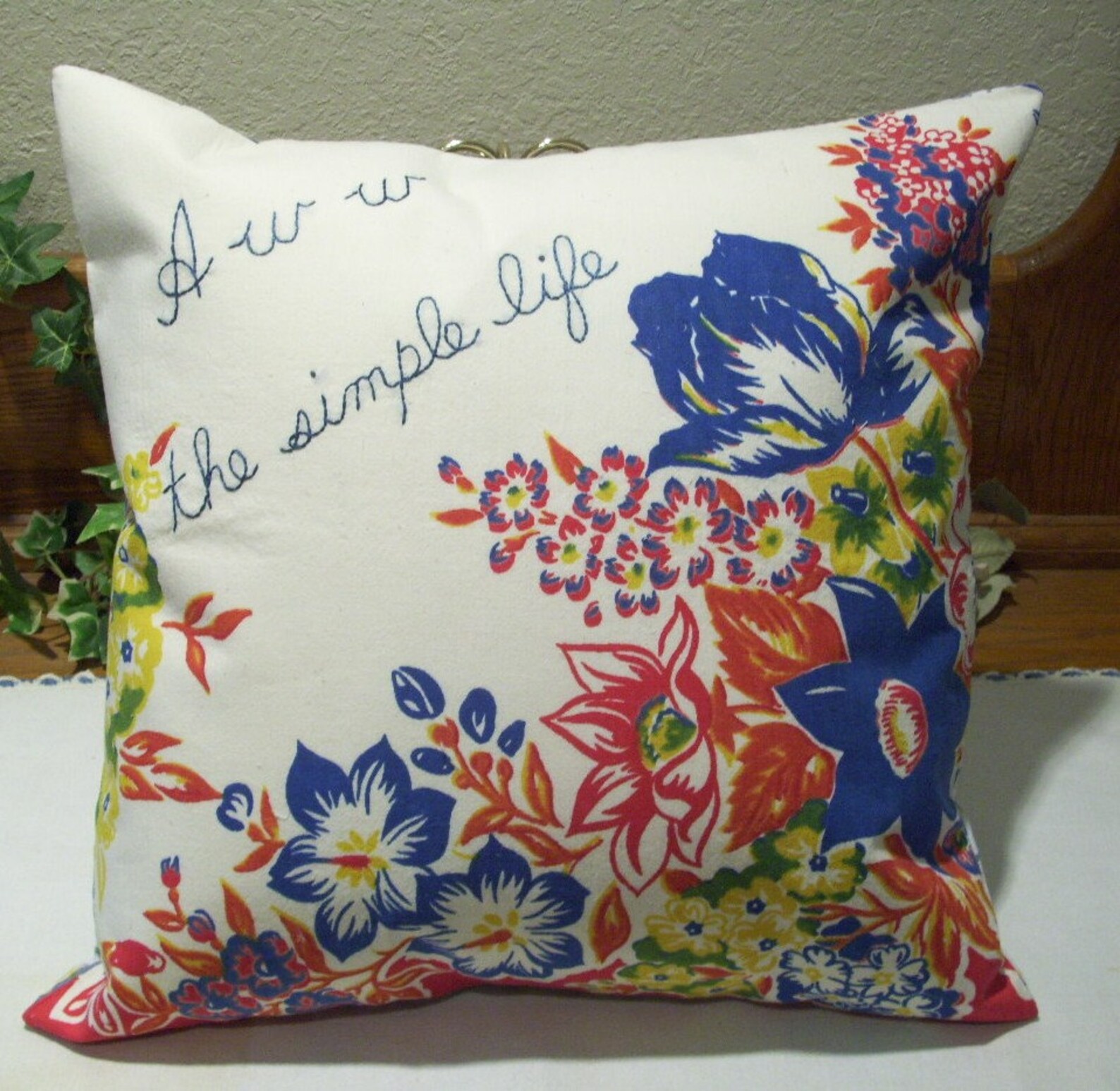 Pillow Cover Floral Design Vintage Fabric Hand Embroidered Etsy
