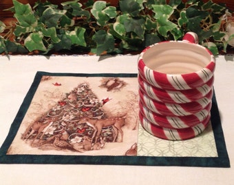 Christmas Quilted Mug Rug Woodland Animals  - Candle Mat