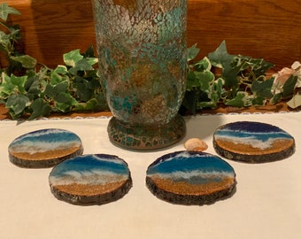 Resin Art Ocean Coasters - Basswood and Resin Coasters - Set of 4 Coasters - Coastal Decor - Approximately 4 inches Round