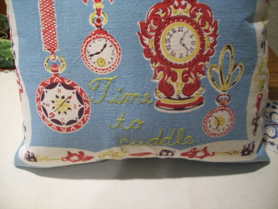 Pillow Cover - Clock Design - Vintage Fabric - Hand Embroidered