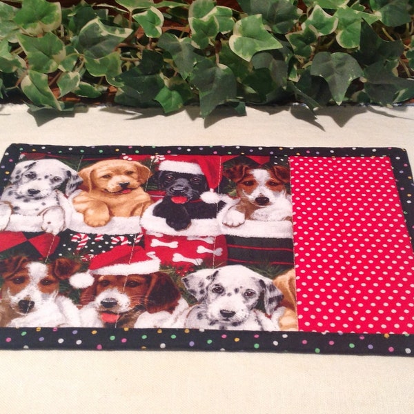 Christmas Quilted Mug Rug - Puppies in Stockings Snack Mat Quiltsy Handmade