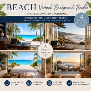 Può includere: Un pacchetto digitale di quattro sfondi virtuali a tema spiaggia per videoconferenze. L'immagine mostra quattro diverse viste interne con porte aperte che si affacciano su panorami oceanici tropicali, accompagnate da testo descrittivo.