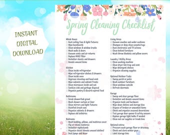 Könnte beinhalten: Eine druckbare Frühjahrsputz-Checkliste mit floralem Rand. Die Checkliste umfasst Aufgaben für das ganze Haus, die Küche, die Badezimmer, die Schlafzimmer, die Wohnbereiche, die Wäsche, Aufgaben im Freien, die Garage und optionale Extras.