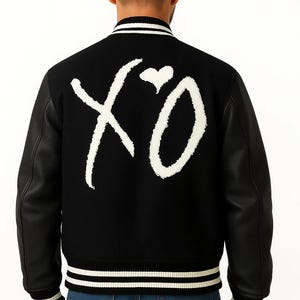 XO Varsity Bomber Jacket | Handmade Wool Letterman Jacket w/ Leather Sleeves | The Weeknd Fan Gift | Unisex Streetwear.