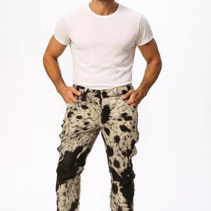Men’s Cowhide Leather Pants | Real Hair-On Cowskin Western Trousers | Animal Print Pony Hair Cowboy Rodeo Outfit | Unique Gift for Him