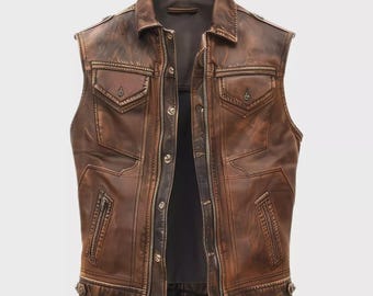 Men's Brown Distressed Leather Biker Vest, Motorcycle Waistcoat, Vintage Moto Top, Gift for Him - Available in Real & Faux Leather