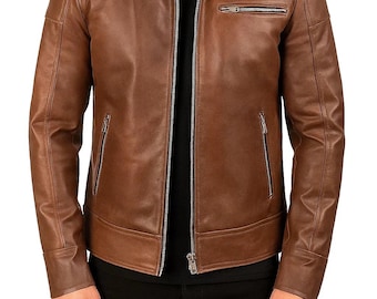 Cafe Racer Men's Leather Jacket | Sheepskin Black Brown Biker Coat | Vintage Distressed Moto Slim Fit Motorcycle Jacket