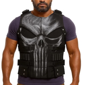 May include: Black tactical vest featuring a white skull design on the chest. The vest has multiple pockets and straps, and is worn over a purple t-shirt. The vest is a costume piece.