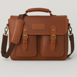 May include: A brown leather satchel with a top handle and a detachable shoulder strap. The bag features two front pockets, brass-colored buckles, and a rectangular patch on the front. The bag is designed for carrying items.
