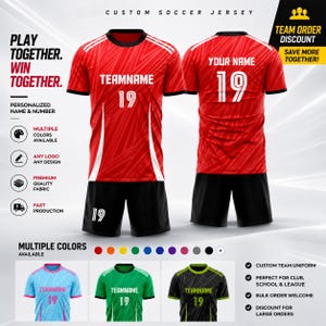 May include: A custom soccer jersey and shorts set featuring a red shirt with white accents, black shorts, and the text "TEAMNAME" and "19". The design includes front and back views, plus additional color options in light blue, green, and black.