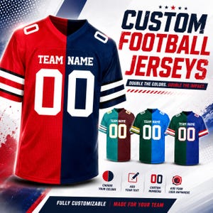 May include: A custom football jersey featuring a split-color design with red on the left and navy blue on the right. The jersey displays the text TEAM NAME and the number 00 in white. Additional text includes CUSTOM FOOTBALL JERSEYS and DOUBLE THE COLORS. DOUBLE THE IMPACT.