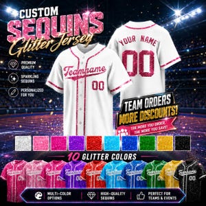 May include: A white baseball jersey featuring pink glitter sequin trim and lettering. The front displays the text Teamname and the number 00, while the back shows Your Name and 00. A row of ten different colored glitter swatches is displayed below.