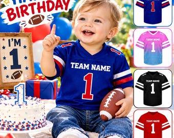 May include: A blue football jersey with white and red stripes on the sleeves, featuring the text TEAM NAME and the number 1 in red with a white outline. The jersey is shown in four color variations: blue, pink, black, and red.