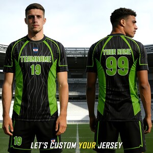 May include: A black and lime green athletic jersey and shorts set featuring a subtle abstract line pattern. The front displays the text TEAMNAME and the number 19, while the back shows the text YOUR NAME and the number 99 in lime green.