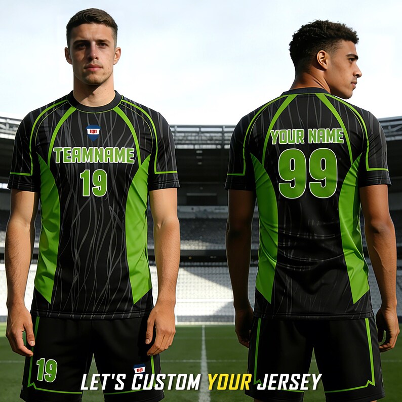 May include: A black and lime green athletic jersey and shorts set featuring a subtle abstract line pattern. The front displays the text TEAMNAME and the number 19, while the back shows the text YOUR NAME and the number 99 in lime green.
