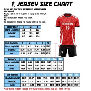 May include: A jersey size chart featuring a red and white patterned jersey and black shorts with the text TEAMNAME and the number 19. The chart includes tables for toddler, youth, women's, and men's shorts with measurements in inches.